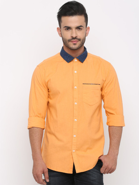 

WITH Men Orange Slim Fit Colourblocked Casual Shirt