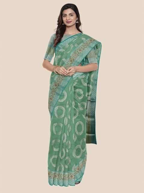 

KLM Fashion Mall Sea Green & Silver-Toned Ethnic Motifs Zari Chanderi Saree