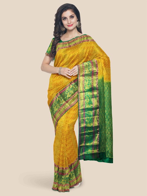 

Kalamandir Mustard & Green Woven Design Zari Silk Blend Kanjeevaram Saree