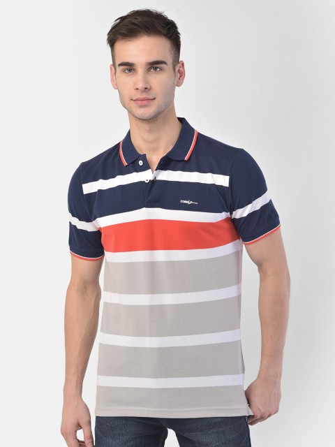 

COBB Men Grey Striped Polo Collar Cotton T-shirt