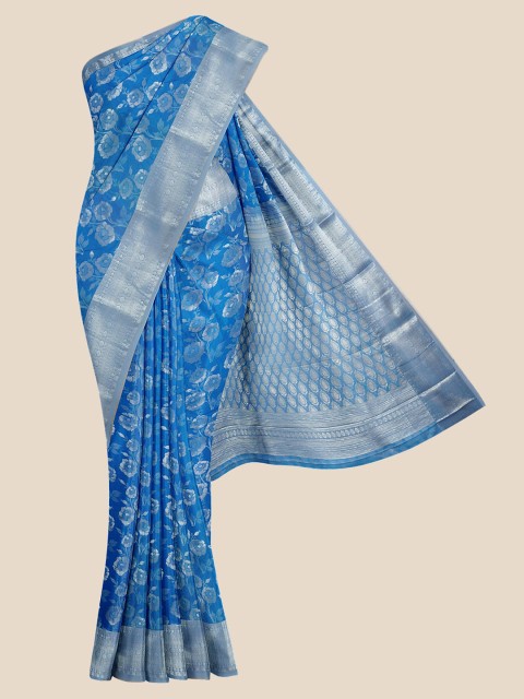 

Kalamandir Blue Floral Zari Silk Blend Kanjeevaram Saree