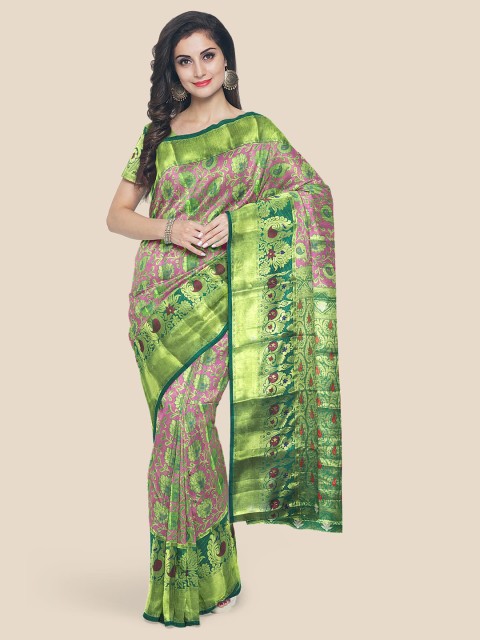 

KLM Fashion Mall Pink & Green Silk Blend Kanjeevaram Saree