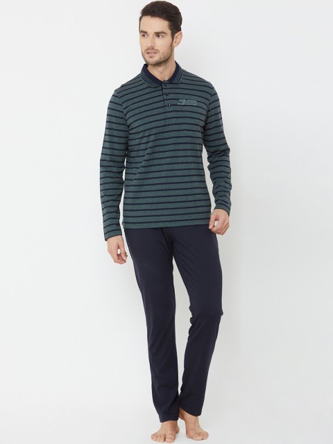 

Sweet Dreams Men Teal & Navy Blue Striped Night suit