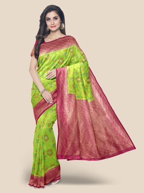 

KLM Fashion Mall Green & Pink Floral Zari Silk Blend Banarasi Saree