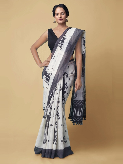 

Unnati Silks Off White & Navy Blue Ethnic Motifs Silk Blend Sambalpuri Saree