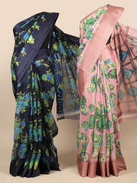 

Pothys Pack of 2 Navy Blue & Peach-Coloured Floral Jute Silk Saree