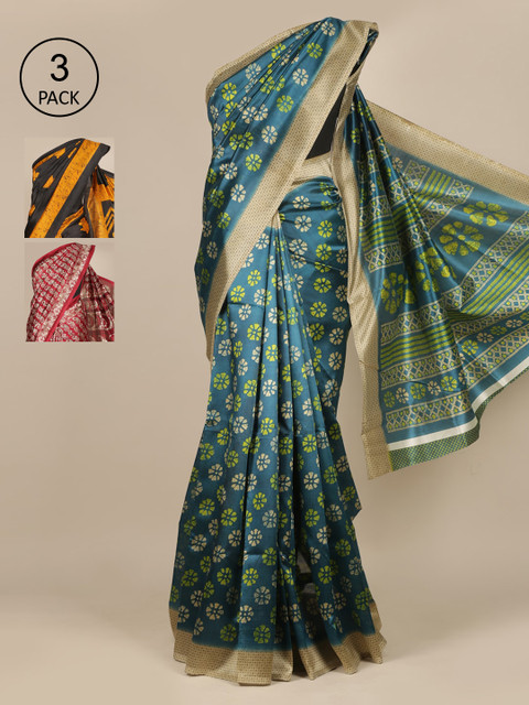 

Pothys Pack Of 3 Blue & Maroon Ethnic Motifs Zari Jute Silk Saree