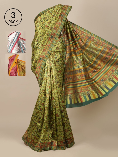 

Pothys Pack Of 3 Green & White Ethnic Motifs Jute Silk Saree
