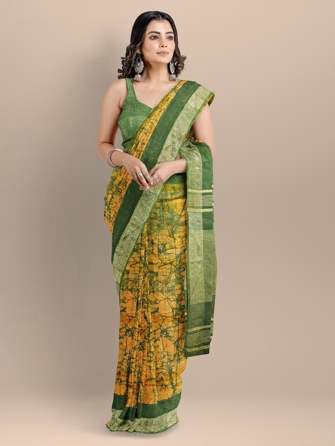 

BharatSthali Green & Yellow Floral Pure Cotton Narayan Peth Saree