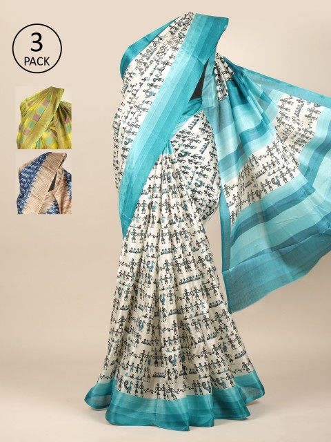 

Pothys Pack of 3 Ethnic Motifs Jute Silk Saree, White