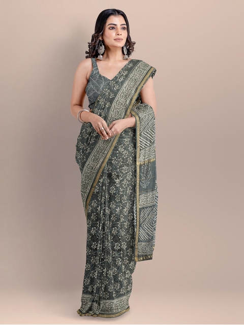 

BharatSthali Grey Paisley Zari Silk Cotton Chanderi Saree
