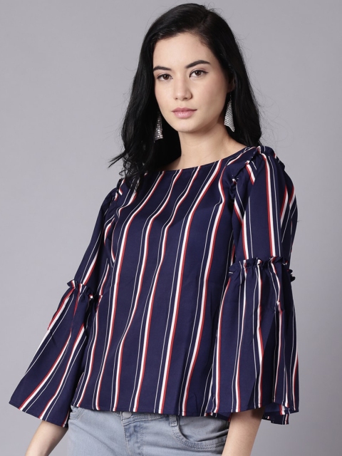 

AASI - HOUSE OF NAYO Navy Blue Striped Bell Sleeve Crepe Regular Top