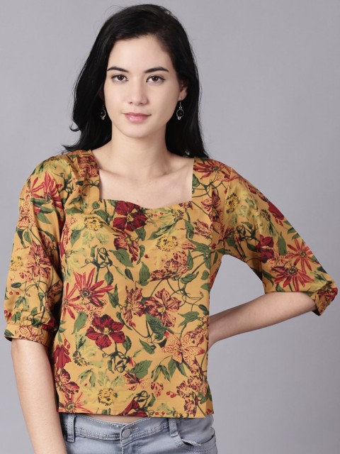 

AASI - HOUSE OF NAYO Mustard Yellow & Maroon Floral Crepe Boxy Top