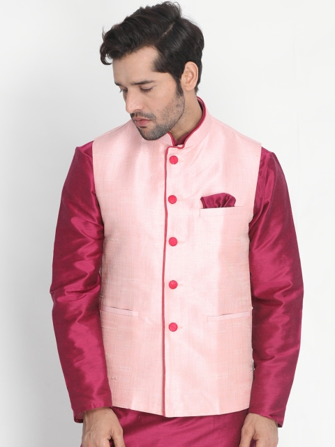

VASTRAMAY Men Pink & Red Solid Woven Design Nehru Jacket