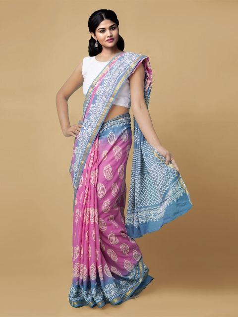 

Unnati Silks Pink Paisley Pure Cotton Dabu Saree