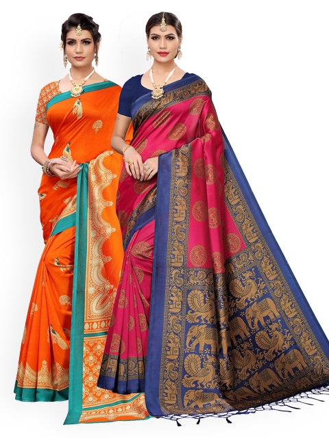 

KALINI Pack Of 2 Pink & Orange Ethnic Motifs Art Silk Sarees