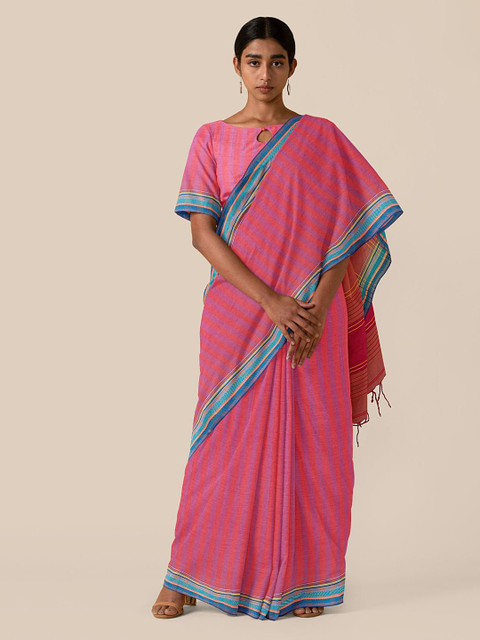 

Taneira Pink & Blue Striped Pure Cotton Saree