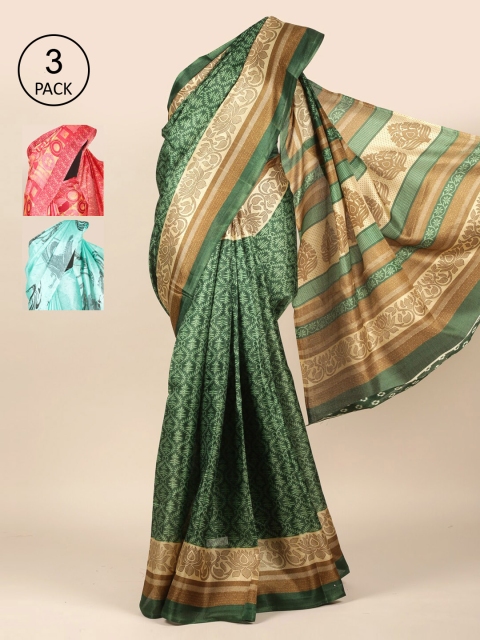

Pothys Green & Blue Set of 3 Ethnic Motifs Jute Silk Saree