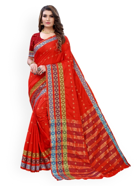 

KALINI Red & Gold-Toned Ethnic Motifs Zari Saree