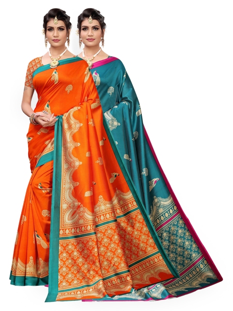 

KALINI Sea Green & Orange Pack of 2 Ethnic Motifs Art Silk Saree