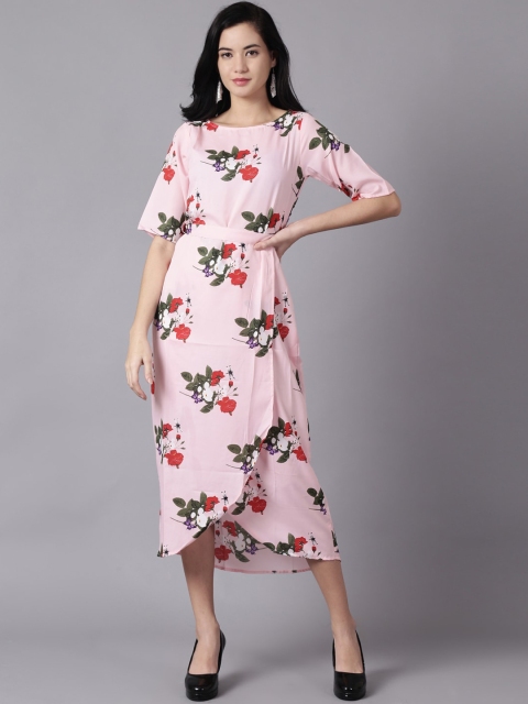 

AASI - HOUSE OF NAYO Pink Floral Crepe A-Line Midi Dress