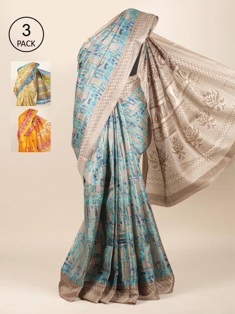 

Pothys Pack Of 3 Grey & Green Ethnic Motifs Jute Silk Saree