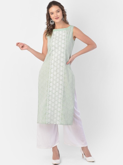 

Ojjasvi Women Sea Green & White Ethnic Motifs Embroidered Thread Work Kurta