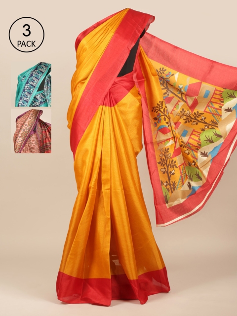

Pothys Yellow & Green Pack of 3 Ethnic Motifs Jute Silk Sarees