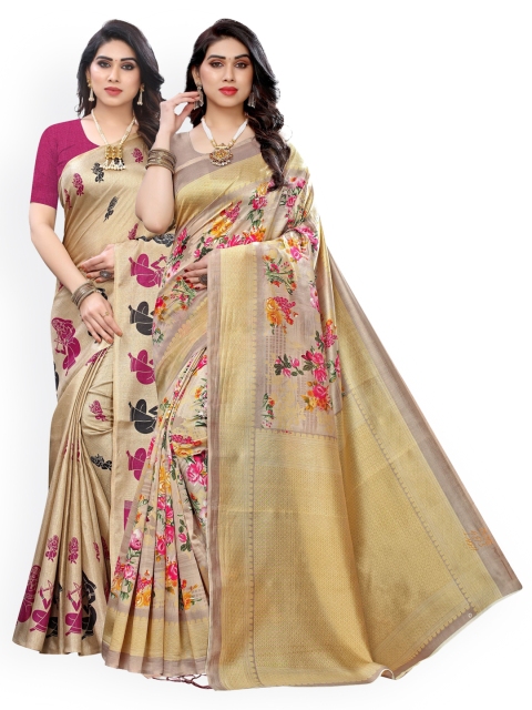 

KALINI Beige Pack of 2 Printed Embroidered Art Silk Saree