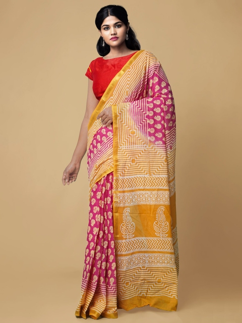 

Unnati Silks Pink & Orange Ethnic Motifs Pure Cotton Dabu Saree