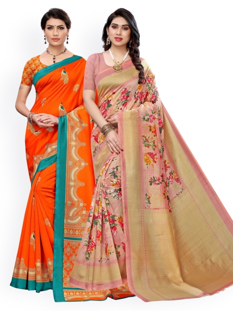 

KALINI Pack Of 2 Orange & Pink Ethnic Motifs Zari Art Silk Sarees