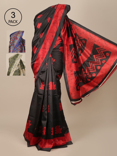 Pothys Pack Of 3 Jute Silk Sarees, Black