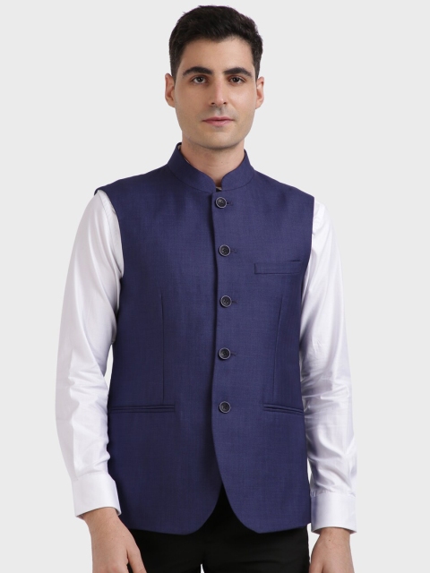 

ColorPlus Men Blue Solid Woven Nehru Jacket