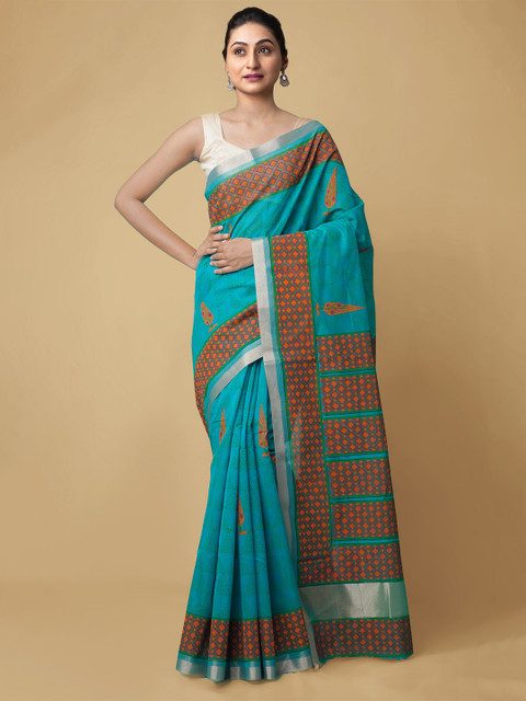 

Unnati Silks Blue & Brown Silk Cotton Handloom Chanderi Saree