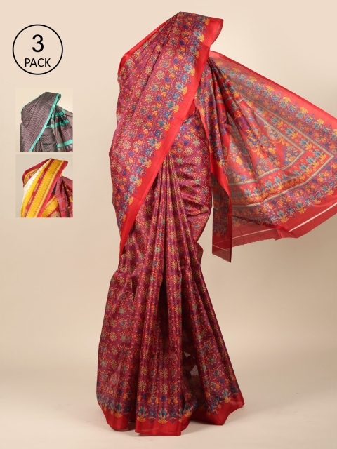 

Pothys Maroon & Yellow Pack of 3 Ethnic Motifs Jute Silk Sarees
