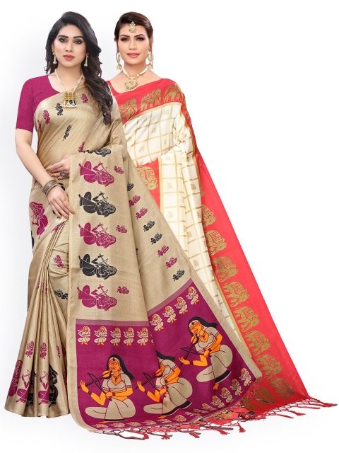 

KALINI Red Printed Pack of 2 Embroidered Art Silk Saree