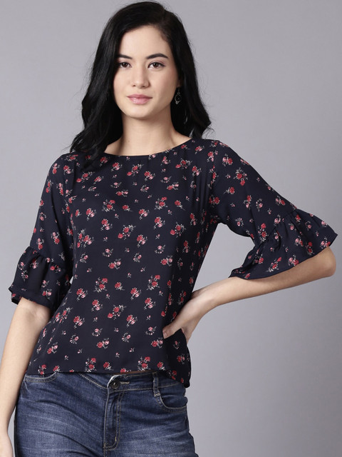 

AASI - HOUSE OF NAYO Navy Blue & Pink Floral Bell Sleeve Georgette Regular Top