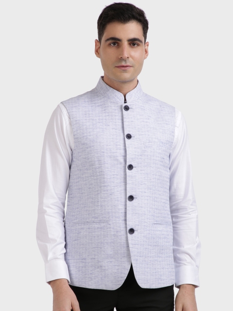 

ColorPlus Men Blue & White Self-Design Woven Nehru Jacket