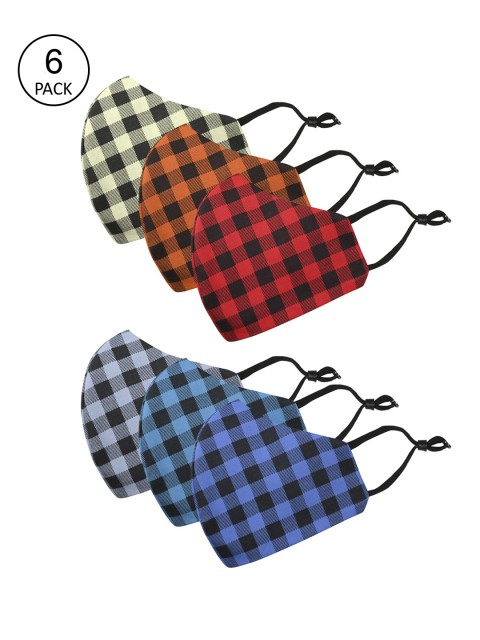 

ZAPATOZ Unisex Pack Of 6 Checked Cotton Reusable Cloth Face Masks, Black