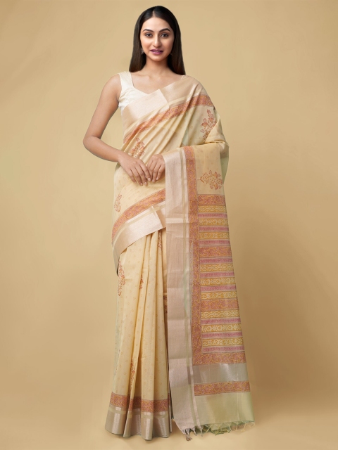 

Unnati Silks Brown & Gold-Toned Ethnic Motifs Silk Cotton Chanderi Saree