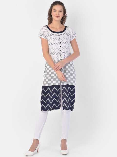 

Ojjasvi Women White & Navy Blue Geometric Cotton Printed Kurta