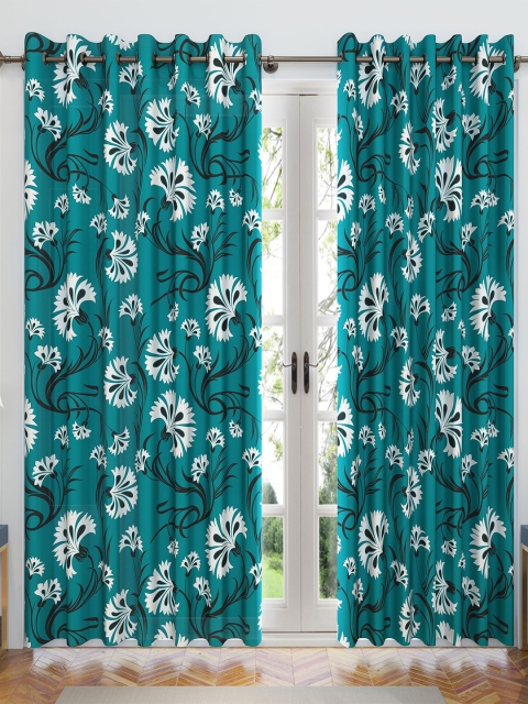 

Divine Casa Turquoise Blue & White Set of 2 Floral Sheer Door Curtain