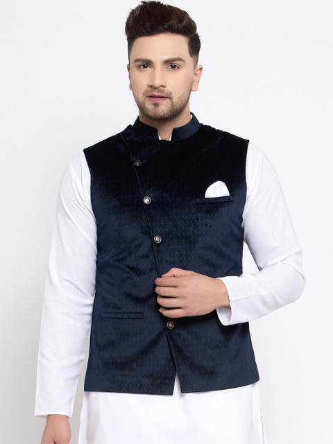 

MAXENCE Men Navy-Blue Woven-Design Cotton Nehru Jacket