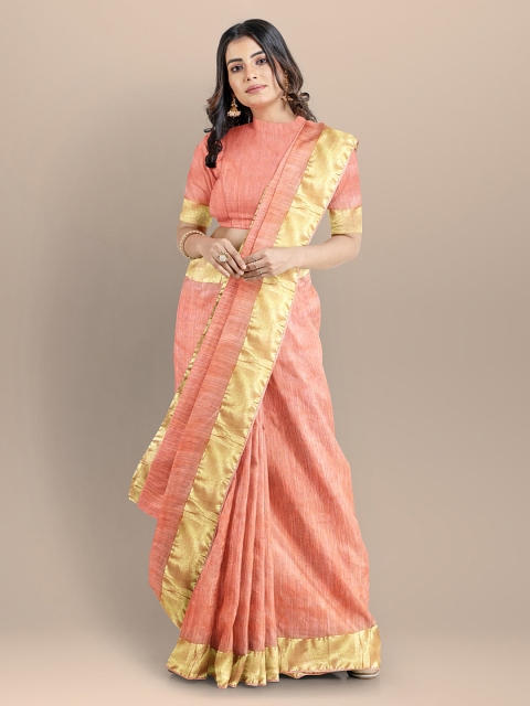 

BharatSthali Peach & Gold-Toned Woven Design Zari Silk Cotton Mangalagiri Handloom Saree