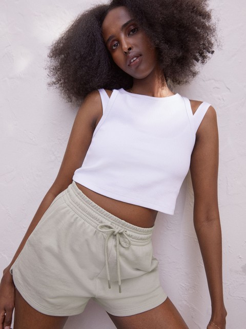 

H&M Women Beige Solid Sweatshirt Shorts