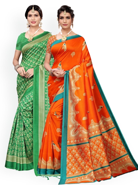 

KALINI Pack of 2 Green & Orange Ethnic Motifs Art Silk Saree