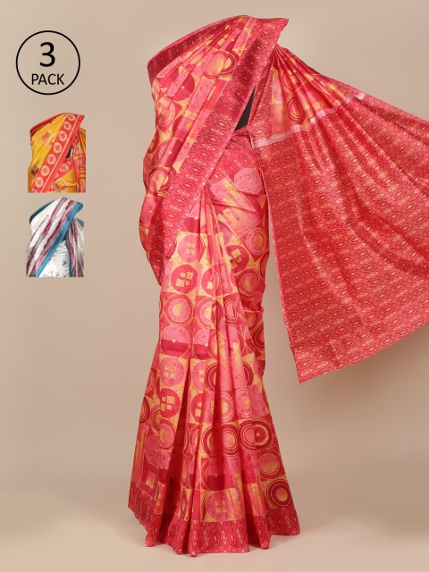 

Pothys Pink & Yellow Pack of 3 Ethnic Motifs Jute Silk Sarees