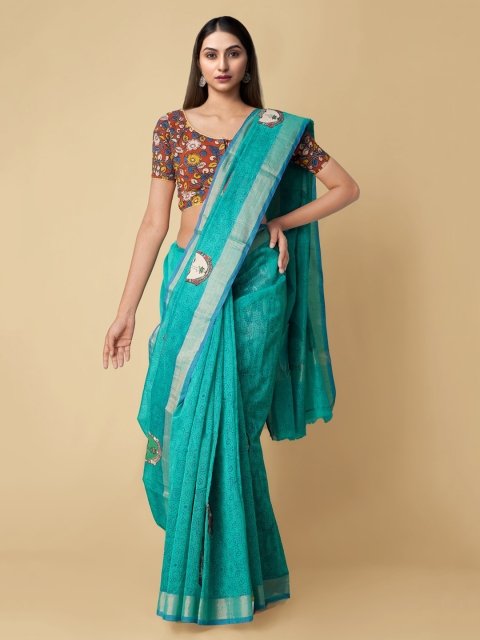 

Unnati Silks Blue Kalamkari Silk Cotton Chanderi Saree