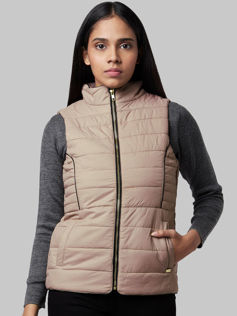 

Park Avenue Woman Women Beige Colourblocked Crop Padded Jacket with Patchwork