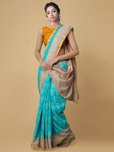 

Unnati Silks Blue Ethnic Motifs Pure Cotton Handloom Block Print Saree